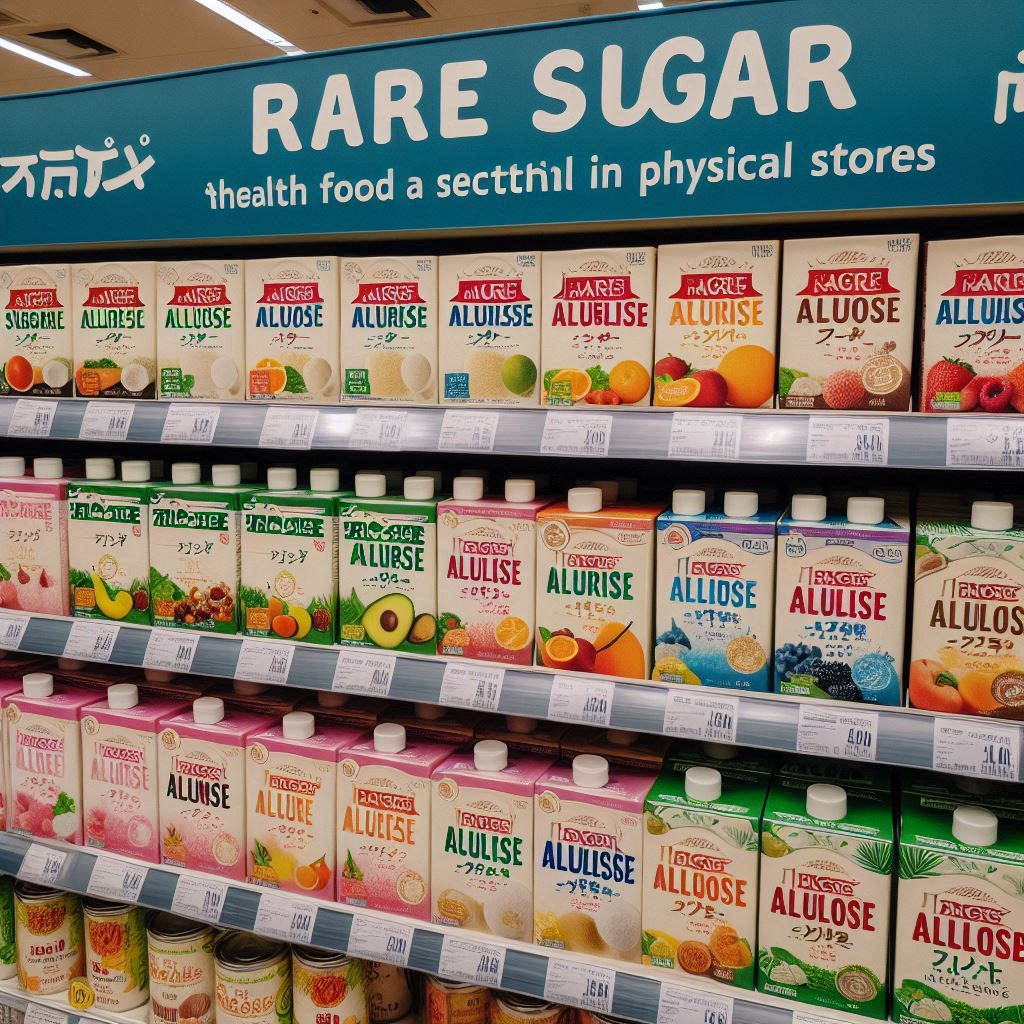 実店舗の健康食品コーナーやスーパーマーケットの棚の写真。希少糖アルロース製品が並んでいる様子を撮影したもの。