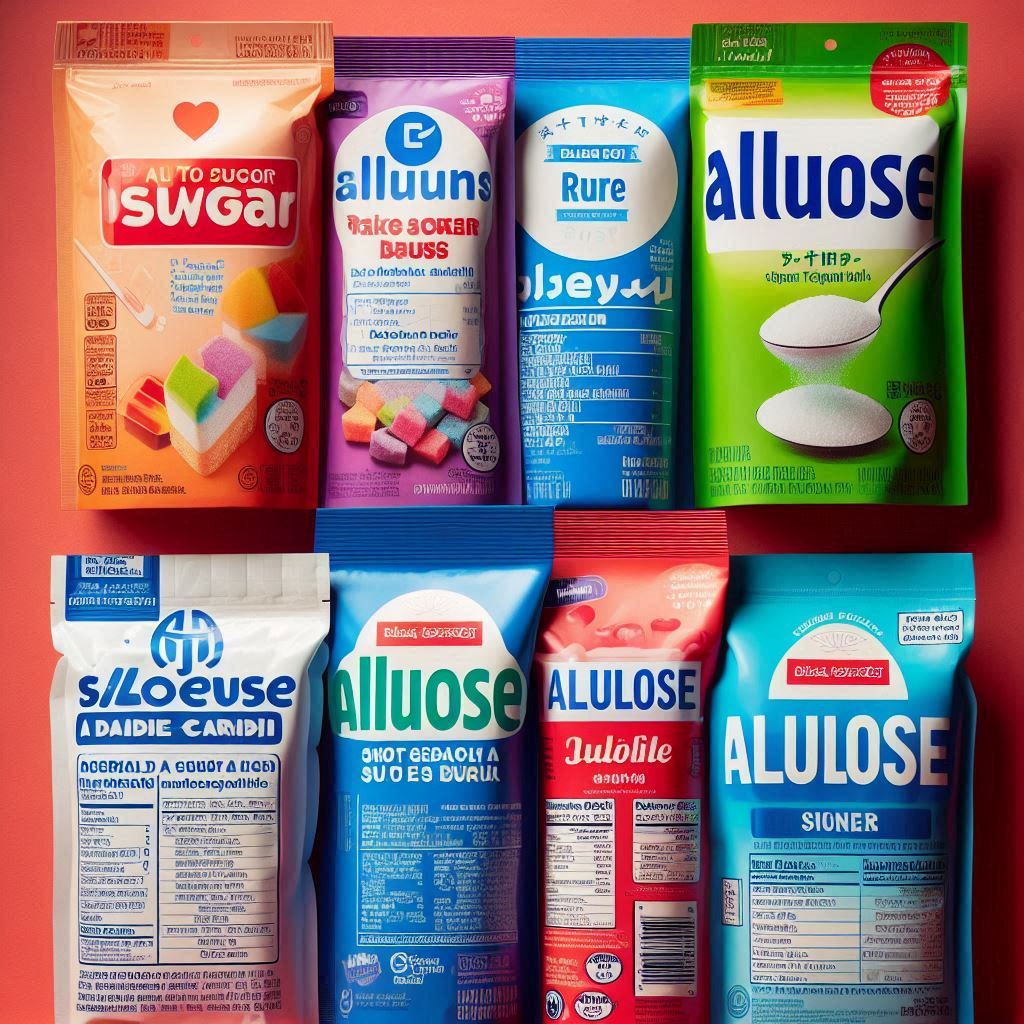 希少糖アルロース製品のパッケージの写真。複数のブランドのパッケージを並べて、ラベルや成分表示が見えるように撮影したもの。