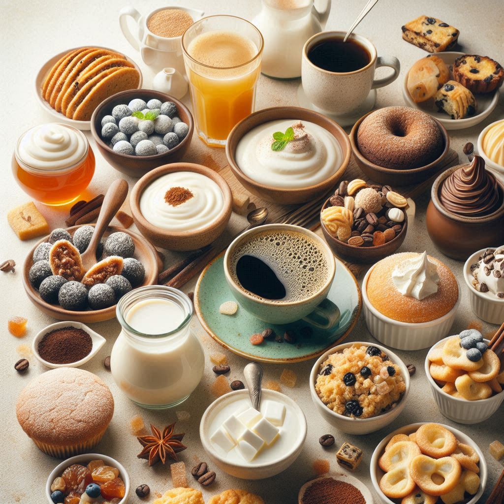 希少糖アルロースを使用した料理や飲み物の写真。コーヒー、紅茶、ヨーグルト、焼き菓子など、アルロースが使われている様々な食品を美味しそうに撮影したもの。